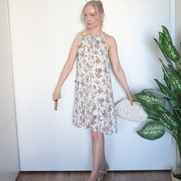 Max Studio White Floral Halter Knee Length Midi Dress With Ruffle Hem Size XS - Picture 14 of 14